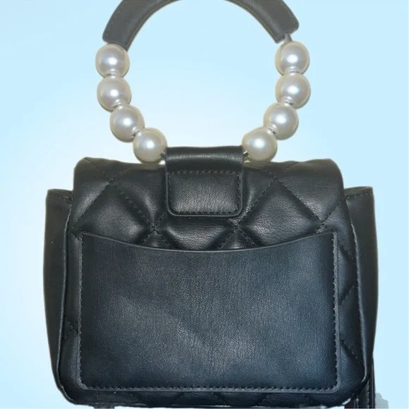 Badgley Mischka/Vegan Leather Clutch Bag Pearl Handle Black Crossbody Purse - Picture 4 of 9